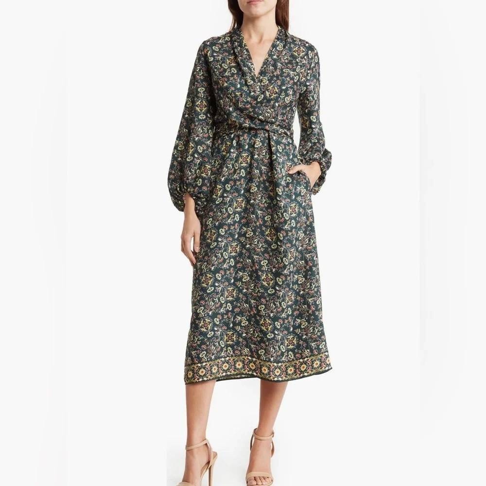 Max Studio L Boho Midi Dress Long Sleeve Dark Green Floral Paisley Cottage Chic